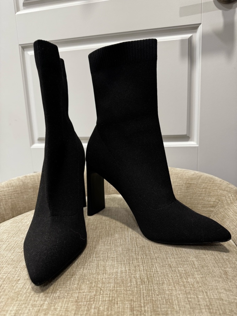 Call It Spring: Vegan- Black Stretch Sock Ankle Booties with Block Heel